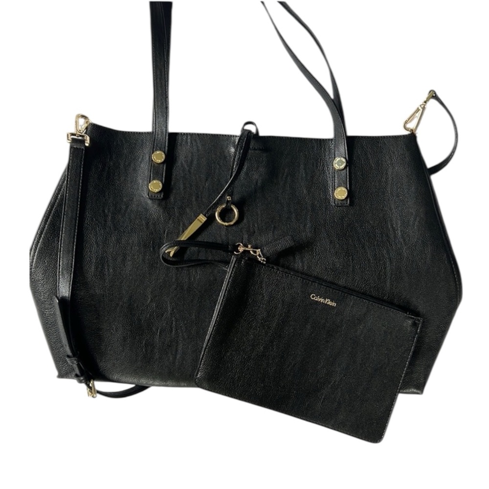 NWOT - Calvin Klein Faux Leather Brown Black Gold Reversible Tote + Pouch